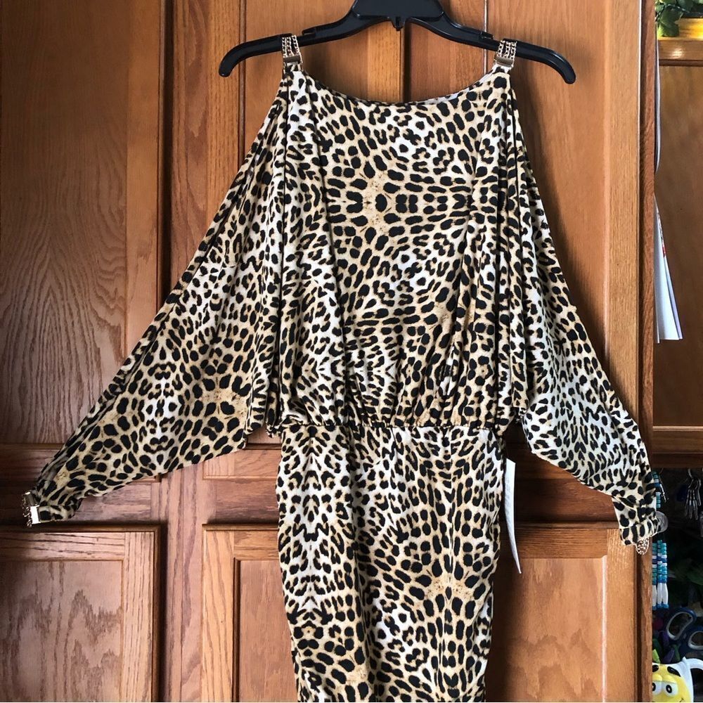 Boston Proper Leopard Print Mini Dress in Beige and Black - Picture 3 of 14